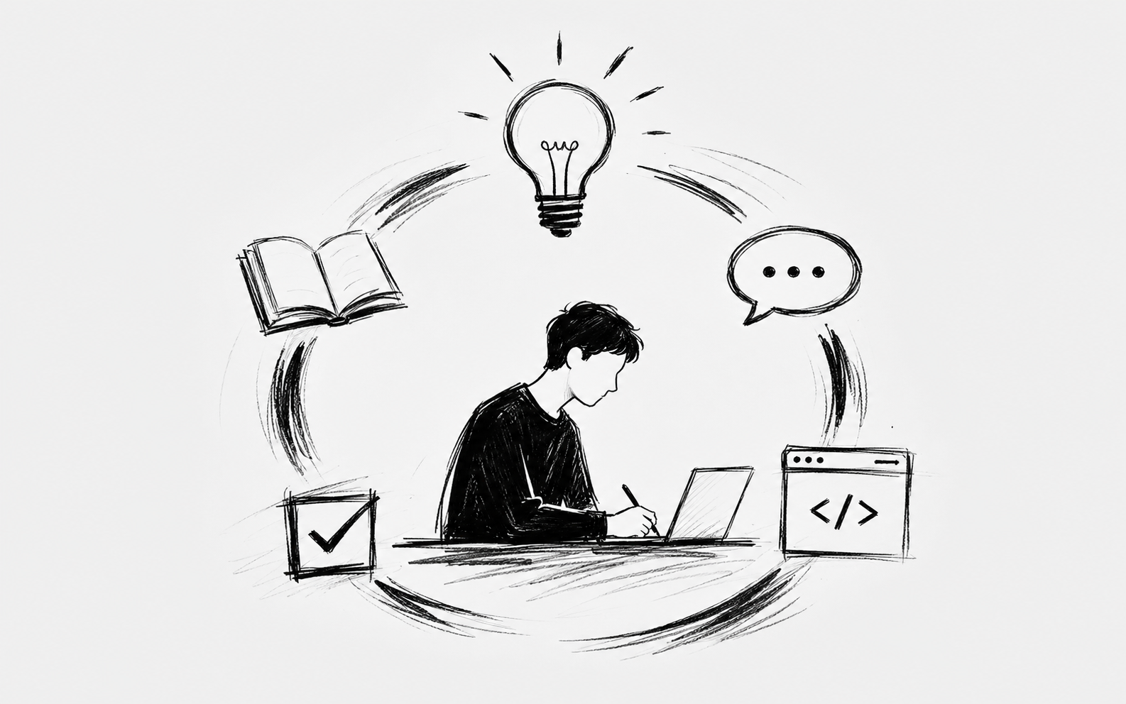 手绘预览图：伏案写作的人，头顶灯泡，四周环绕书本、对话气泡与代码窗口。