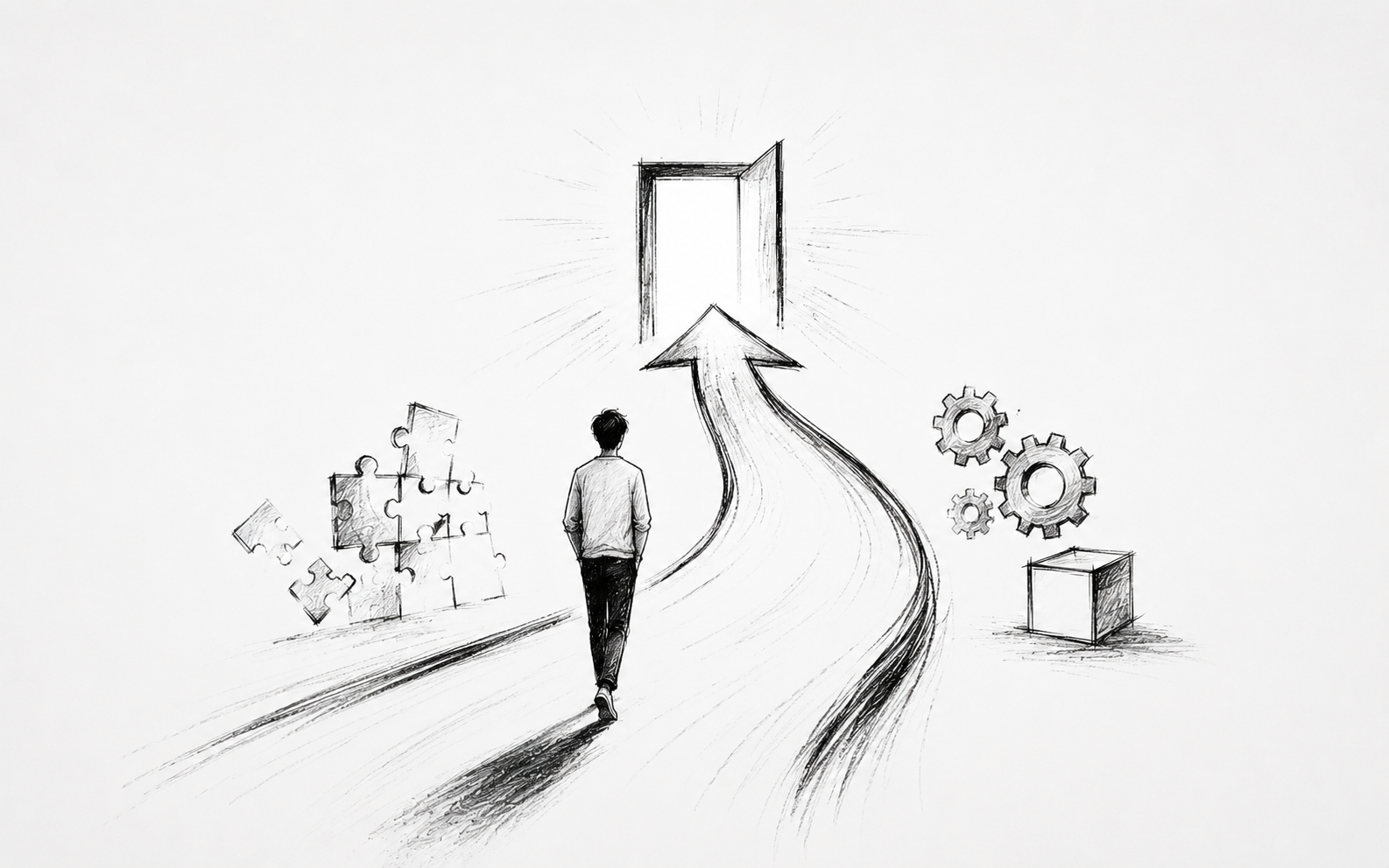 手绘预览图：一个人沿箭头道路走向敞开的门，路旁是拼图块与齿轮。